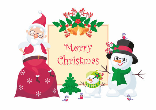 Christmas greeting card with the image of Santa Claus and funny snowmen. Vector background.