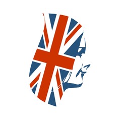 Face side view. Elegant silhouette of a female head. Long hair textured by flag of Great Britain.