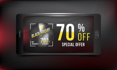 Black Friday 70% off discount. Concept advertising poster super sale of with smartphone on a dark and red background. Vector illustration EPS 10