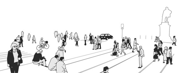 Obraz premium Illustration of people walking on european city street in perspective