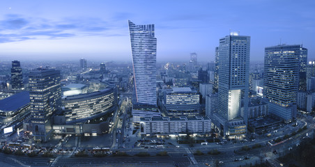 Panoramic view of Warsaw downtown during the night - obrazy, fototapety, plakaty
