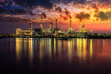 Plakat Oil and gas industry - refinery at Sunrise - factory - petrochemical plant with reflection over the river
