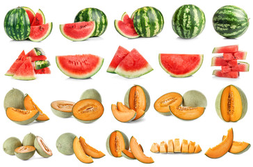Fototapeta na wymiar Set of fresh sliced melons and watermelons on white background
