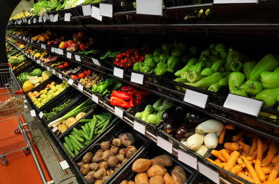 Variety of fresh vegetables in supermarket