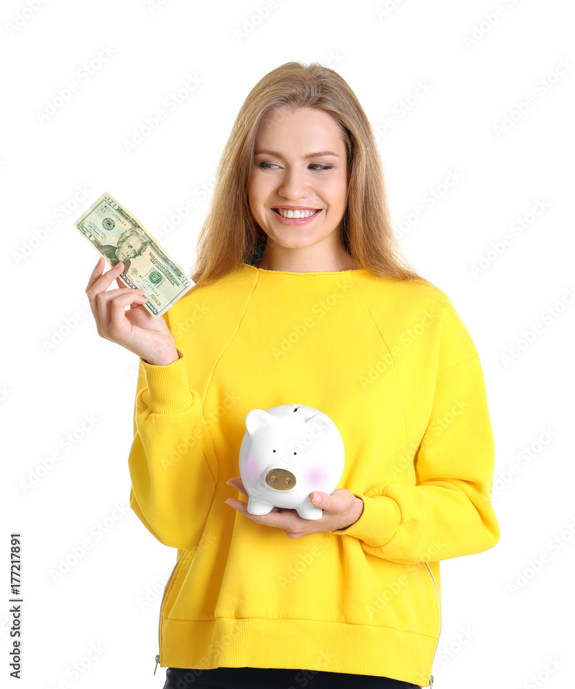 Sticker Young woman with piggy bank on white background