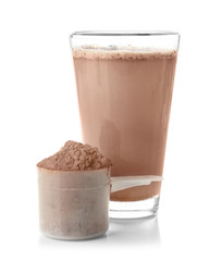 Glass with protein shake and powder in scoop on white background - obrazy, fototapety, plakaty