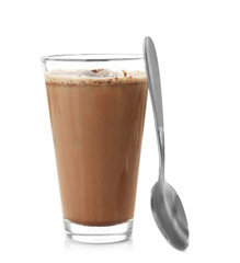 Glass with protein shake on white background