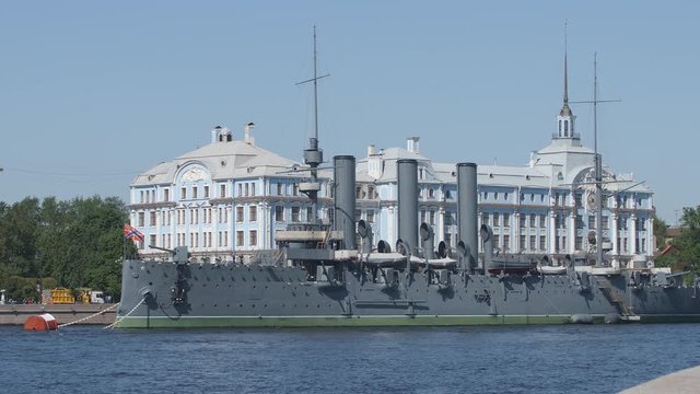 Historic cruiser Aurora on the Neva river - St. Petersburg, Russia