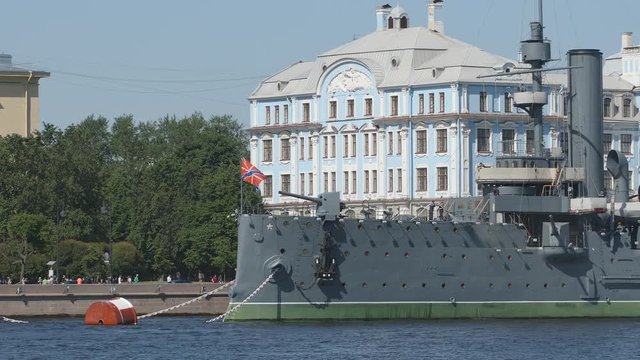 Close up of the cruiser Aurora on the Neva river - St. Petersburg, Russia