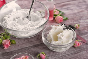 Natural ingredients for preparing deodorant on table
