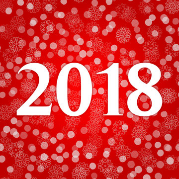 2018 year illustration, red background, snow, snowflakes, snowballs, winter decoration