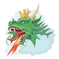 Green dragon with crown shoots fire/ Green dragon with a crown in the clouds, he is protected from enemy fire, under his tongue, he exhales and throws the flame 
