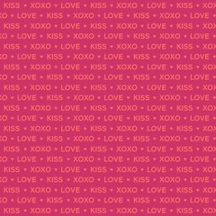 Love and kiss vector flat pattern on pink background. Valentines day card