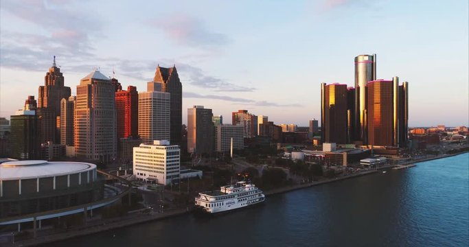 Detroit aerial sunset 