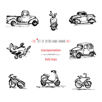 Set, hand-drawn vintage kids transport toys, car, motorcycle, bicycle, truck and airplane. Quick ink sketch.