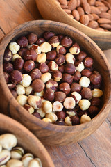 hazelnut and almond with pistachios in wooden bowl 