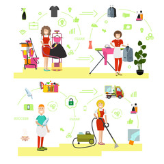 Vector set of cleaning people symbols, icons in flat style