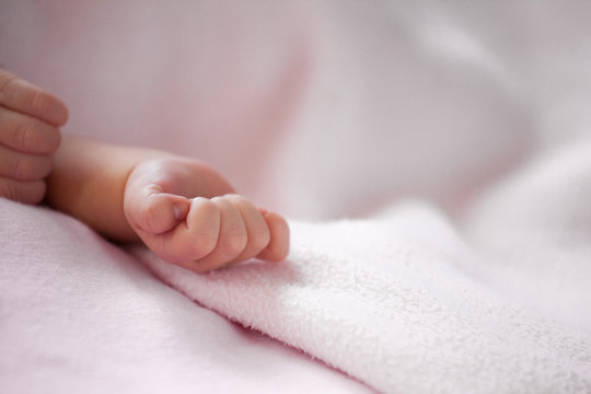 Newborn baby hand on pink blanket in soft color tone