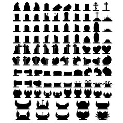 Set of one hundred gravestones. Black gravestones. One hundred gravestones. Gravestones for cemetery. Vector gravestones. Funeral gravestones. Gravestones icons. Set of the gravestones. Gravestone.