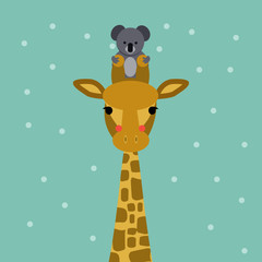 Cute giraffe and koala bear colored looking straight at you. Vector illustration. Modern design.	