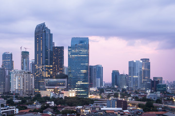 Fototapeta na wymiar Sunset over Jakarta business district in Indonesia capital city.