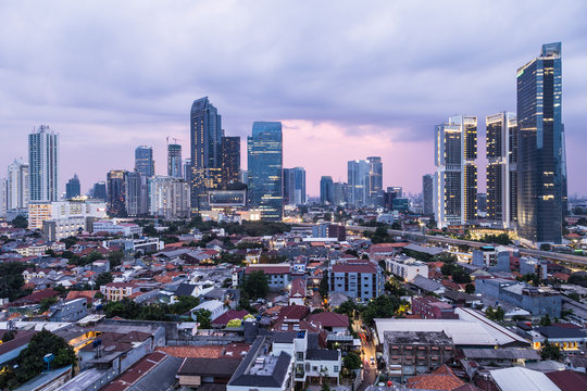 Sunset over Jakarta business district in Indonesia capital city.