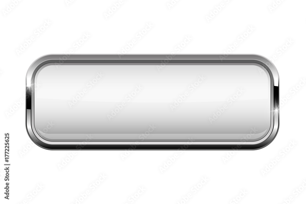 Wall mural white rectangle button with bold chrome frame. 3d shiny icon