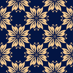 Golden floral element on dark blue background. Seamless pattern