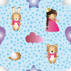 seamless pattern with cartoon cute toy baby girl and bear
