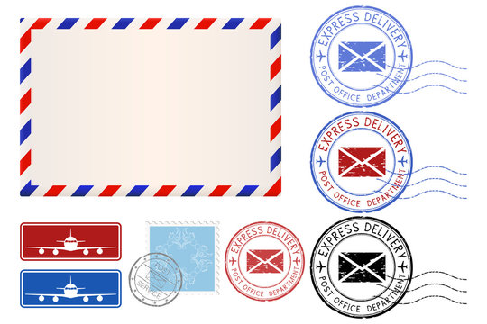Postal elements. Envelope, stamps, Express delivery postmarks