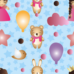 seamless pattern with cartoon cute toy baby girl and bear