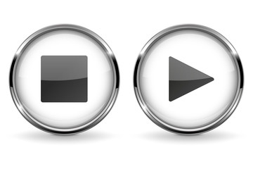 Round 3d buttons with metal frame. Play and Stop icons