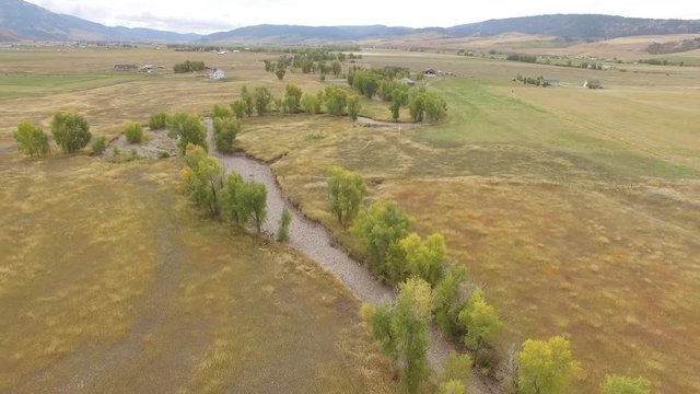Flying backwards over tree tops growing next to winding riverbed in Star Valley Wyoming.