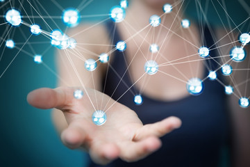 Businesswoman using flying network balls connection 3D rendering