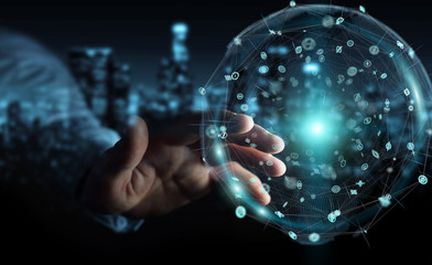 Businessman using holograms datas digital sphere 3D rendering