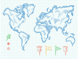 Hand drawn world map and colorful doodle pins