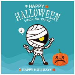 Vintage Halloween poster design with vector mummy character. 