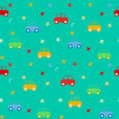 Naklejka na ściany i meble Seamless baby pattern with cars on blue background. Vector