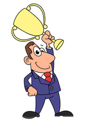 Businessman holding winning trophy 2