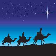 Three wise men silhouette. Three wise men on camels following the star.