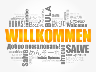Willkommen (Welcome in German) word cloud in different languages, conceptual background
