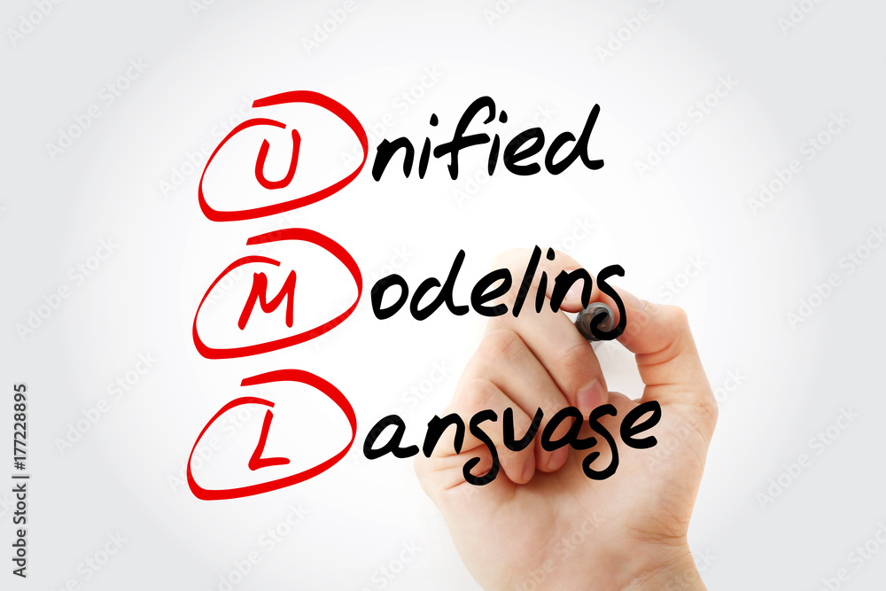 Aufkleber hand writing uml - unified modeling language acronym with marker, concept background