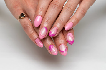 gentle pink French manicure with a violet painting on sharp long nails