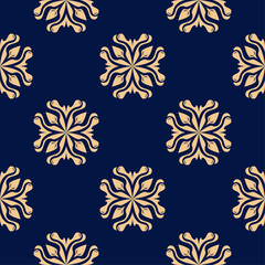 Golden floral seamless pattern on blue background