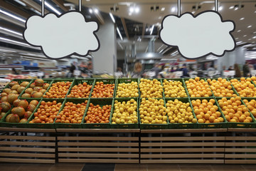 Fruit department in the supermarket. Place for your text.