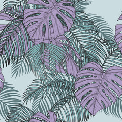 Areca palm and monstera sketch by hand drawing.Plam leaf vector pattern on vintage background.Vector leaves art highly detailed in line art style.Tropical seamless for wallpaper.