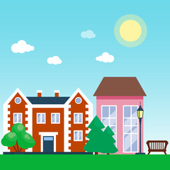 Fototapeta premium City outdoor day landscape house and street buildings outdoor cityspace disign vector illustration modern flat background