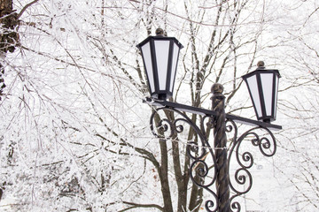 Winter landscape with street lamp in the snow