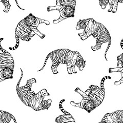 Seamless pattern of hand drawn sketch style tigers. Vector illustration isolated on white background.
