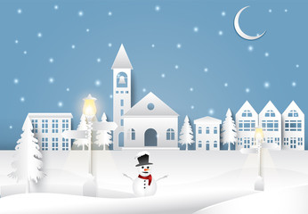 Christmas season in city town paper art background. night scene in winter holiday paper cut style